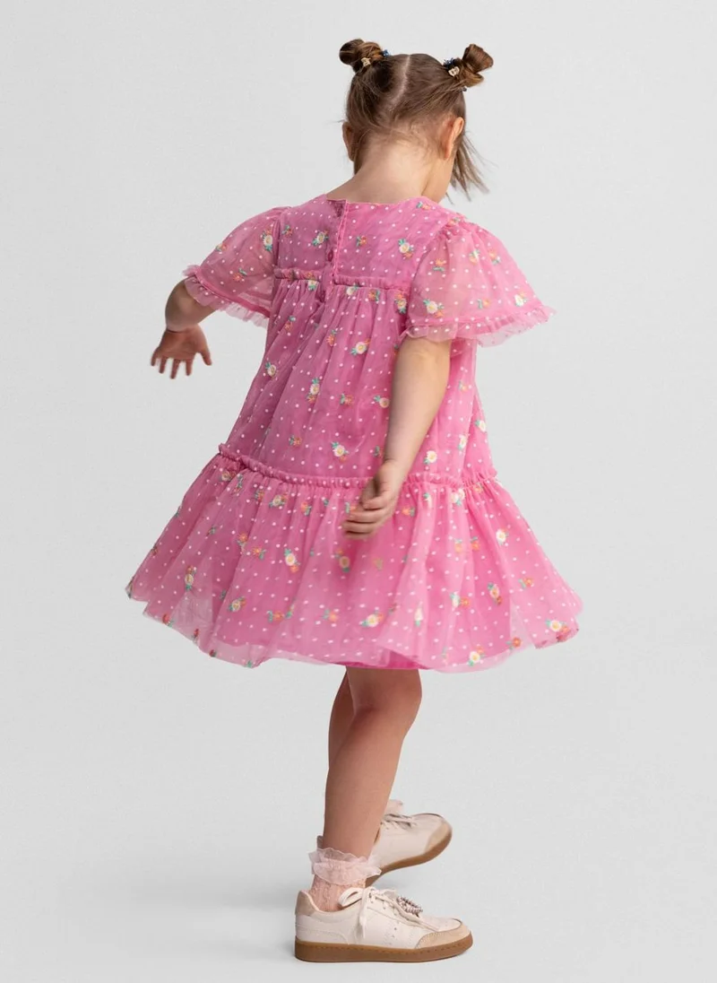 مينوتي Girls pink floral embroidered tulle dress short sleeve 3m-7y